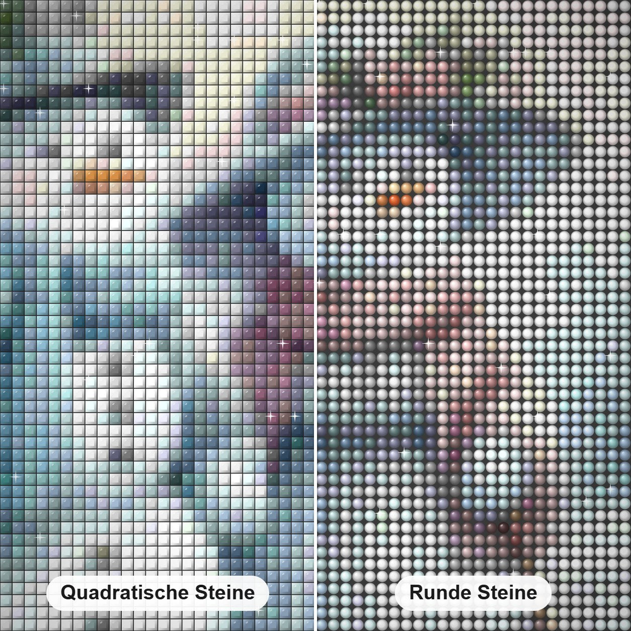 Schneemann & Schneefrau Diamond Painting Nahaufnahme mit quadratischen und runden Steinen