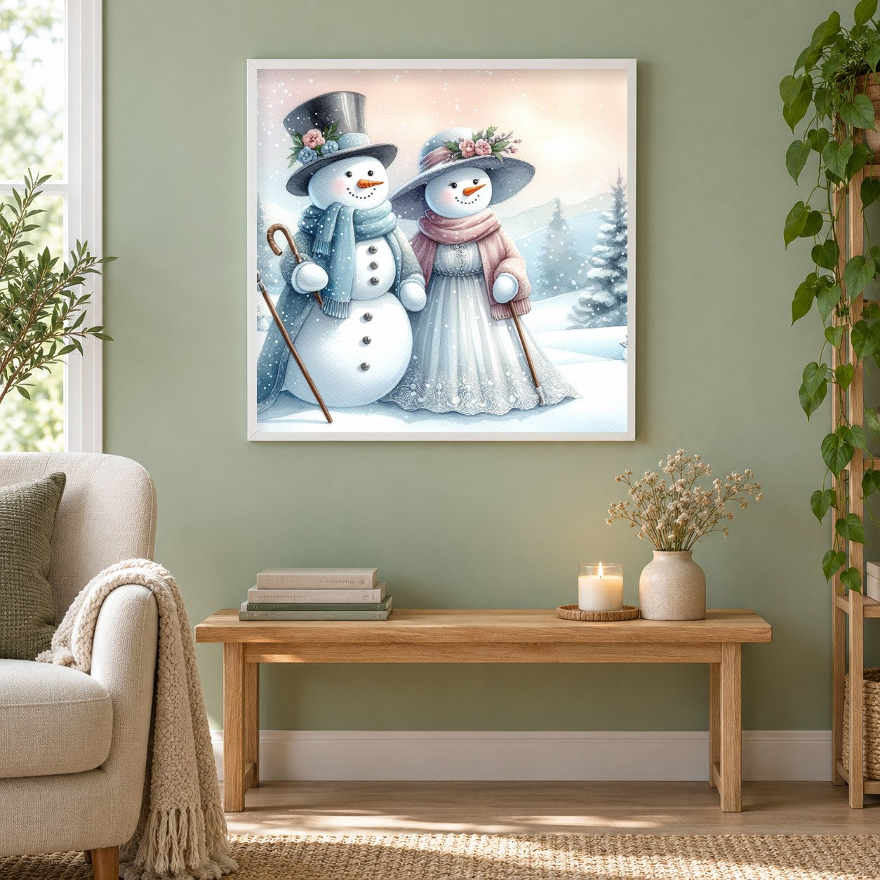 Schneemann & Schneefrau als gerahmtes Diamond Painting im Wohnzimmer
