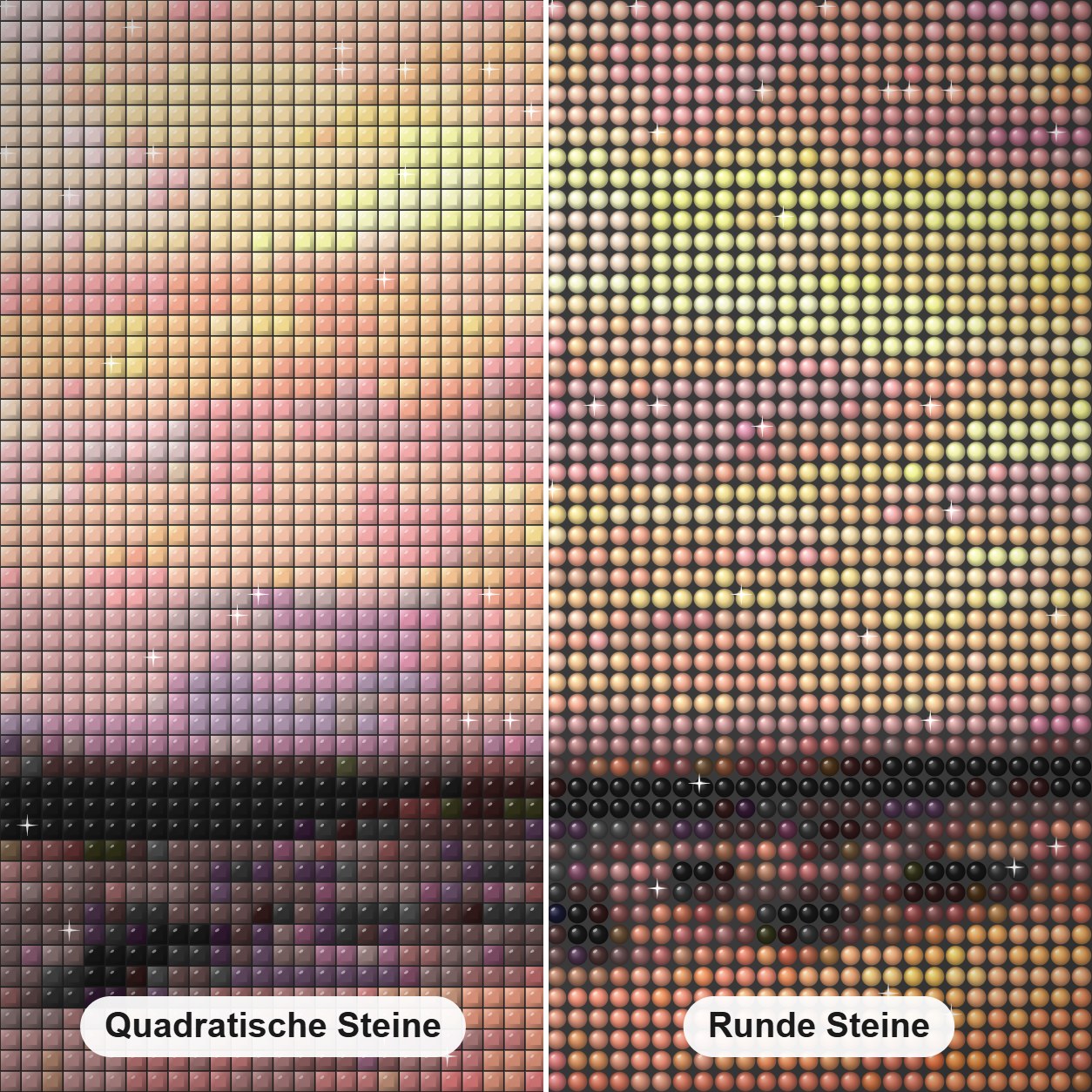 Weicher goldener Sonnenaufgang - Kunst des Denise Dundon Diamond Painting Nahaufnahme mit quadratischen und runden Steinen