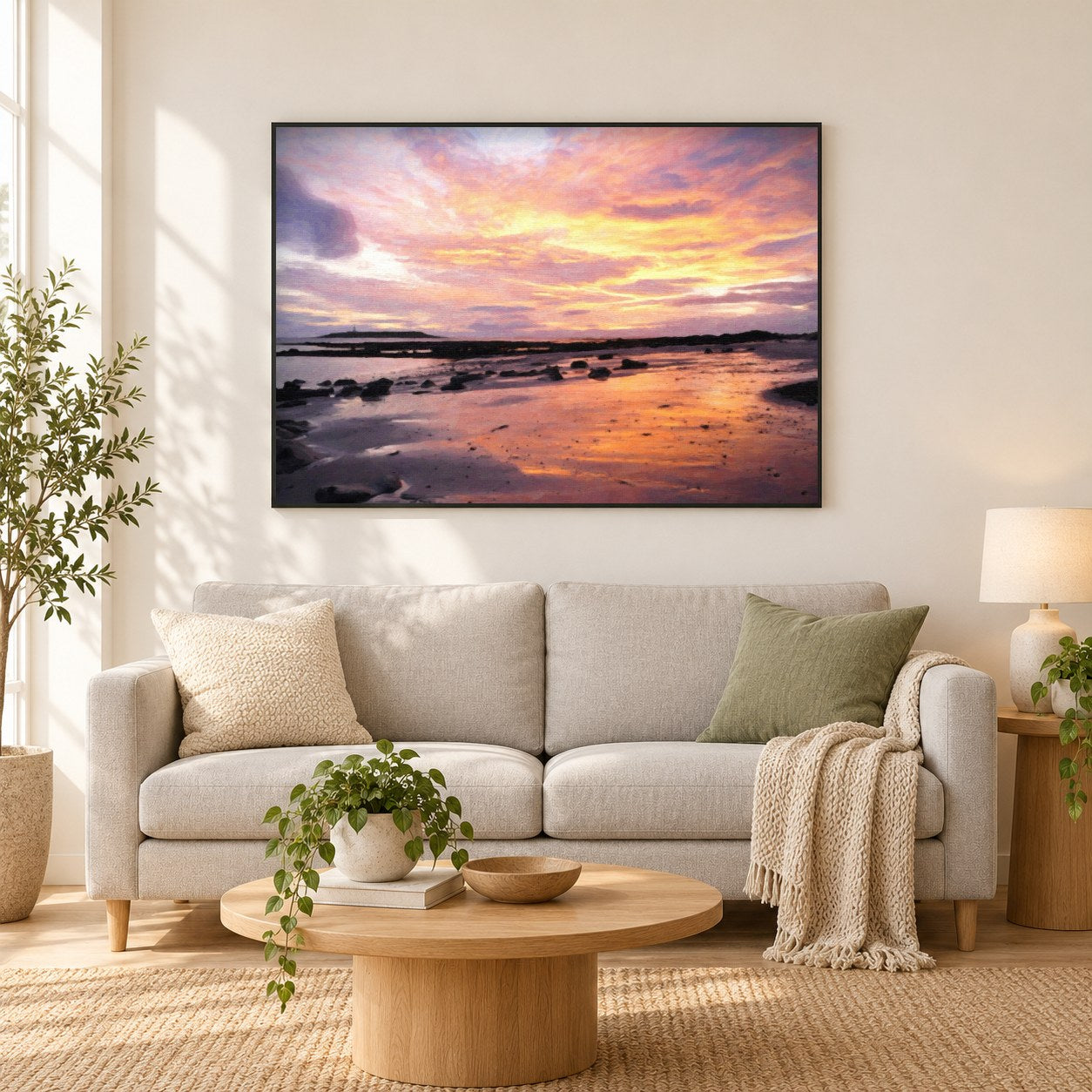 Weicher goldener Sonnenaufgang - Kunst des Denise Dundon als gerahmtes Diamond Painting im Wohnzimmer