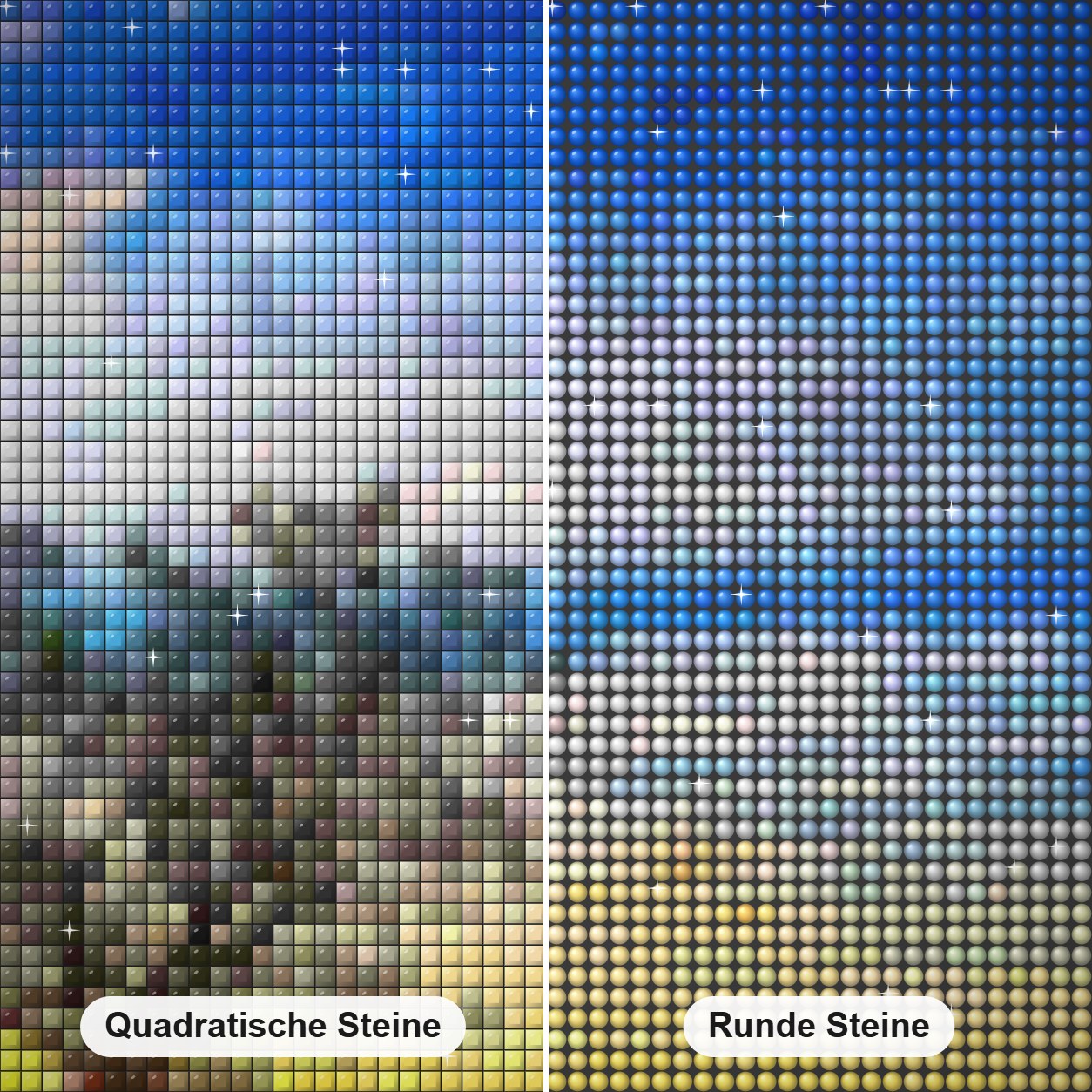 Einsamer Baum bei Sonnenuntergang - Kunst des Denise Dundon Diamond Painting Nahaufnahme mit quadratischen und runden Steinen