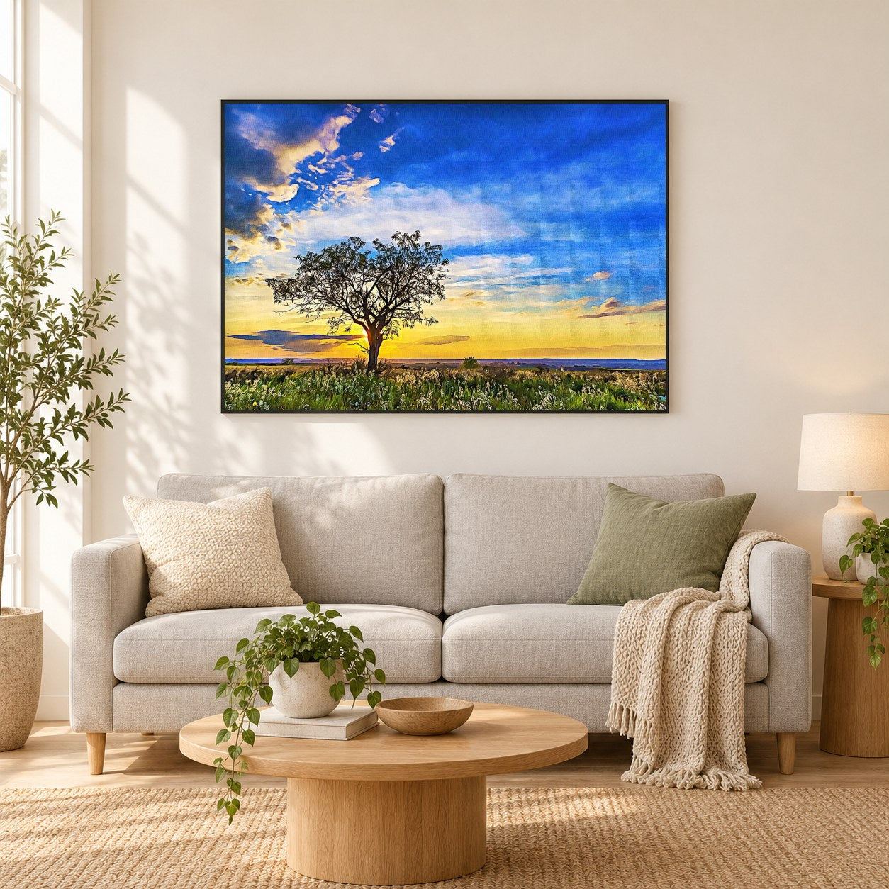 Einsamer Baum bei Sonnenuntergang - Kunst des Denise Dundon als gerahmtes Diamond Painting im Wohnzimmer