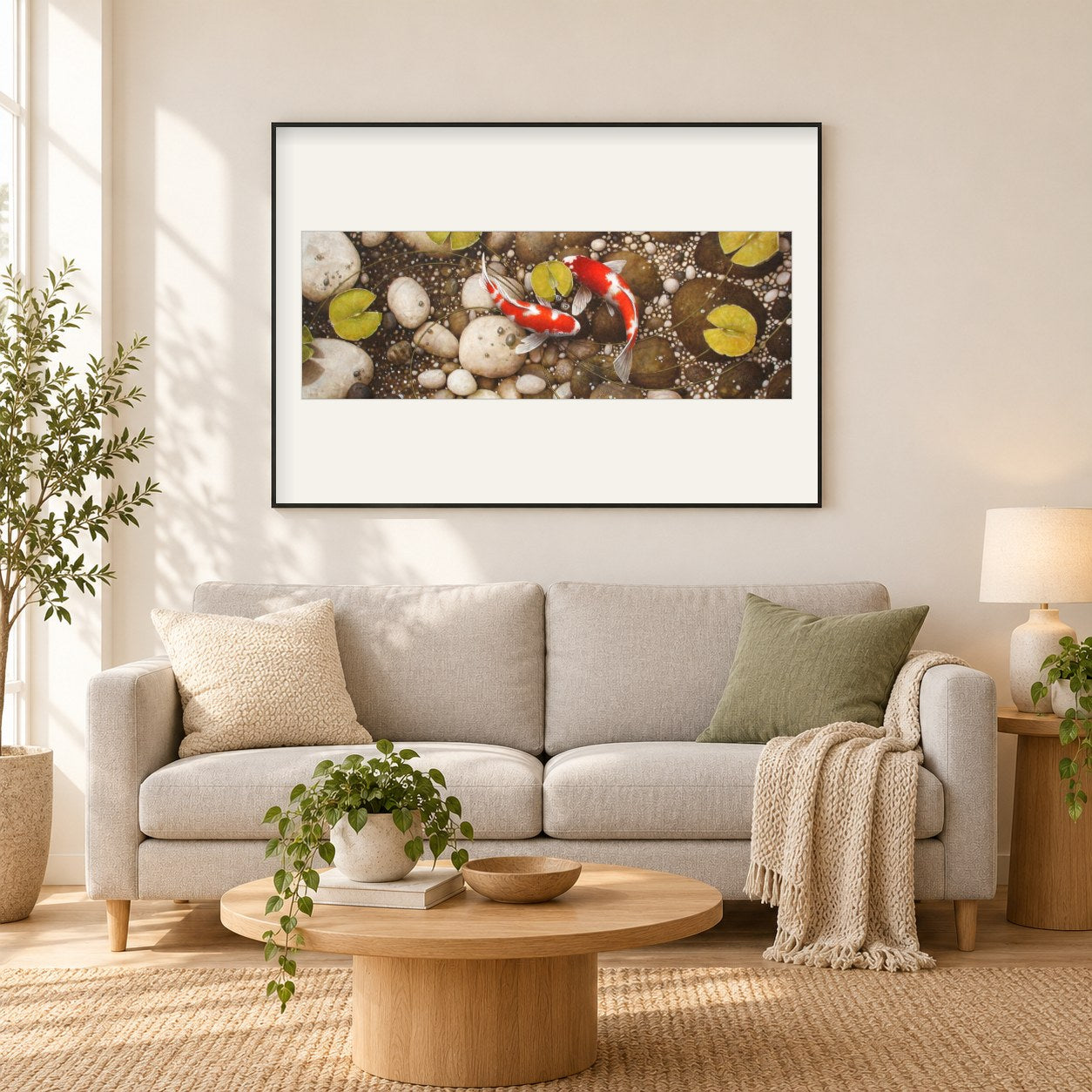 Irgendwo in der Mitte - Kunst des Terry Gilecki als gerahmtes Diamond Painting im Wohnzimmer
