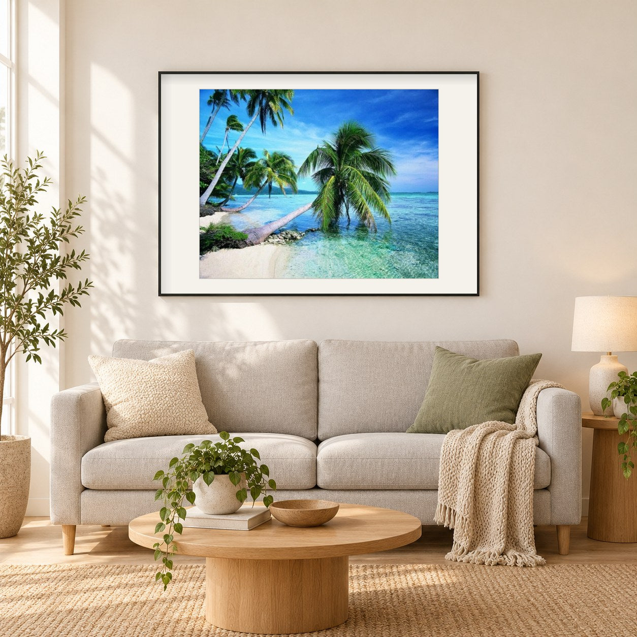 Sommer Strand & Palmen als gerahmtes Diamond Painting im Wohnzimmer