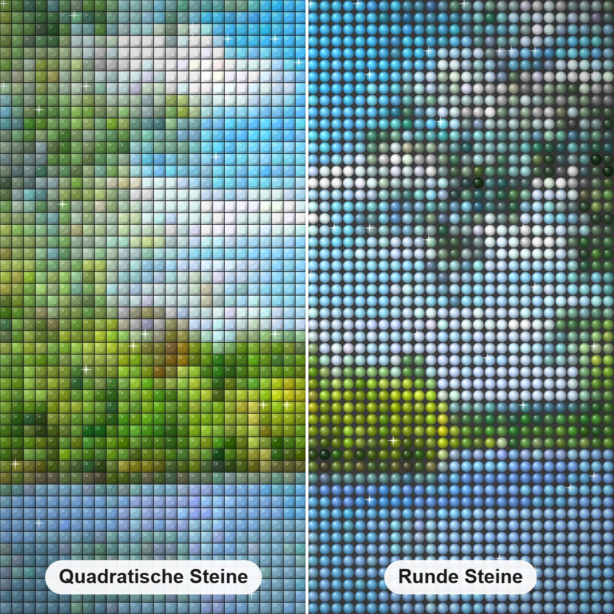 Sommersee Diamond Painting Nahaufnahme mit quadratischen und runden Steinen