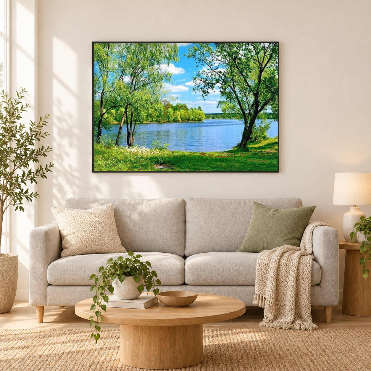 Sommersee als gerahmtes Diamond Painting im Wohnzimmer