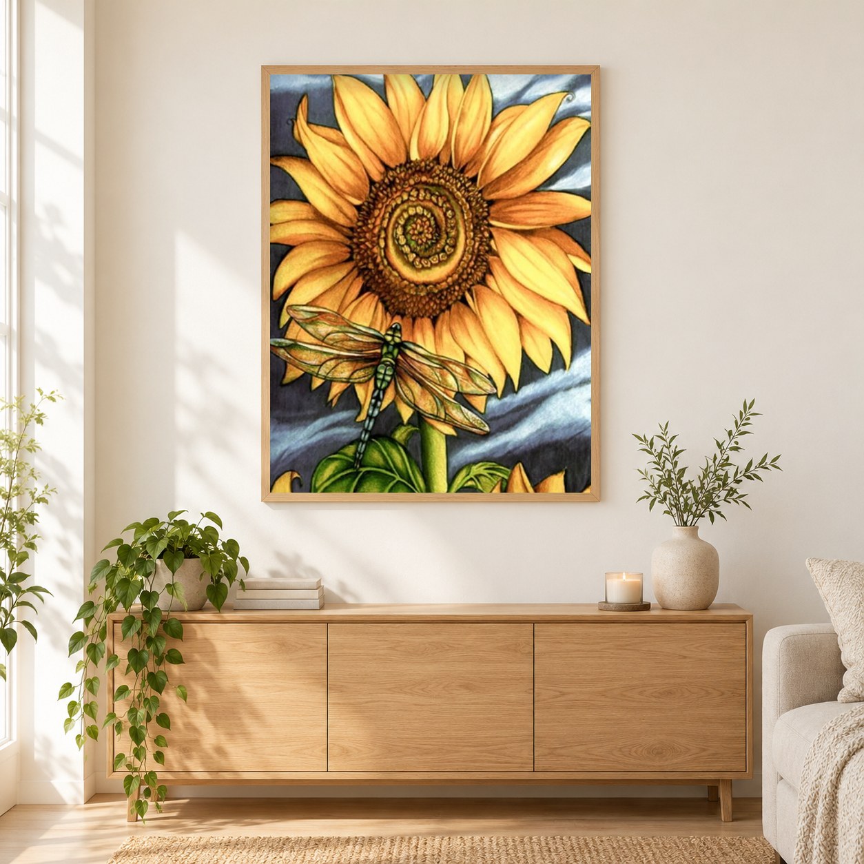 Sonnenblume und Libelle als gerahmtes Diamond Painting im Wohnzimmer