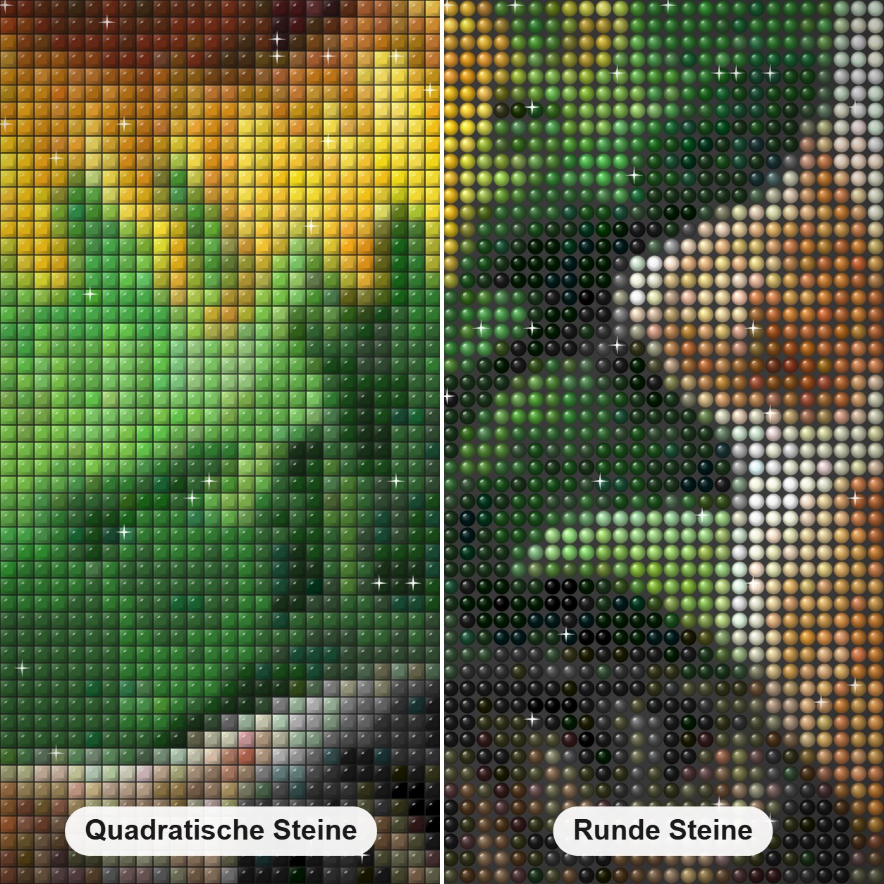 Sonnenblumen & Katzen Diamond Painting Nahaufnahme mit quadratischen und runden Steinen