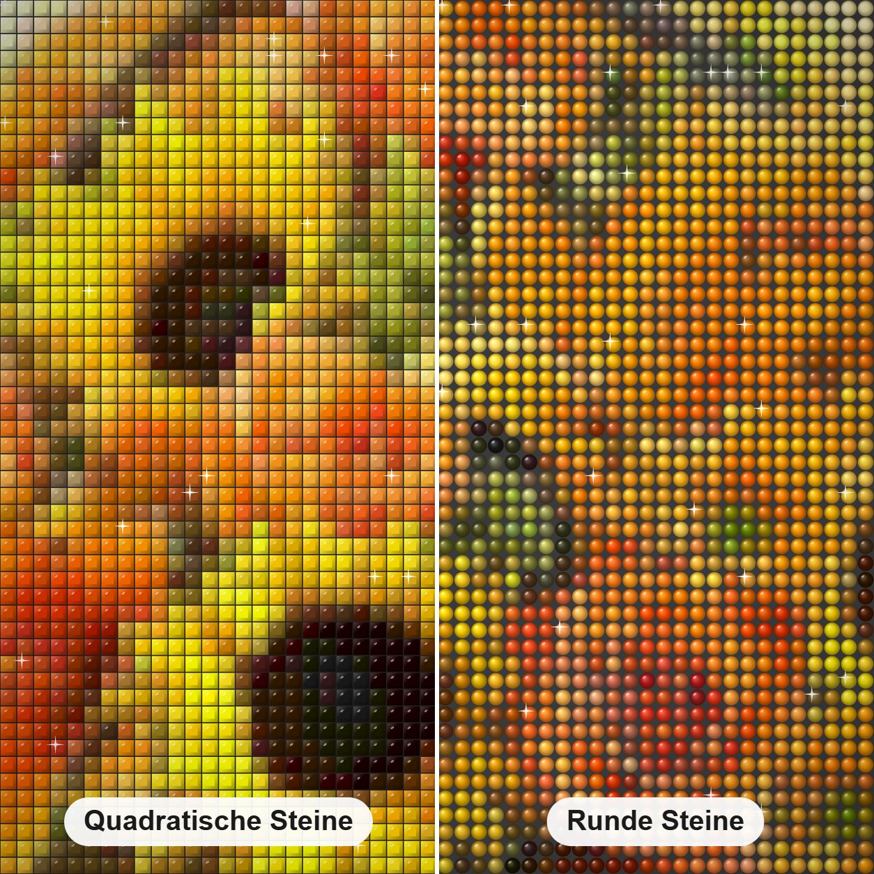 Sonnenblumen & Rosen Korb Diamond Painting Nahaufnahme mit quadratischen und runden Steinen
