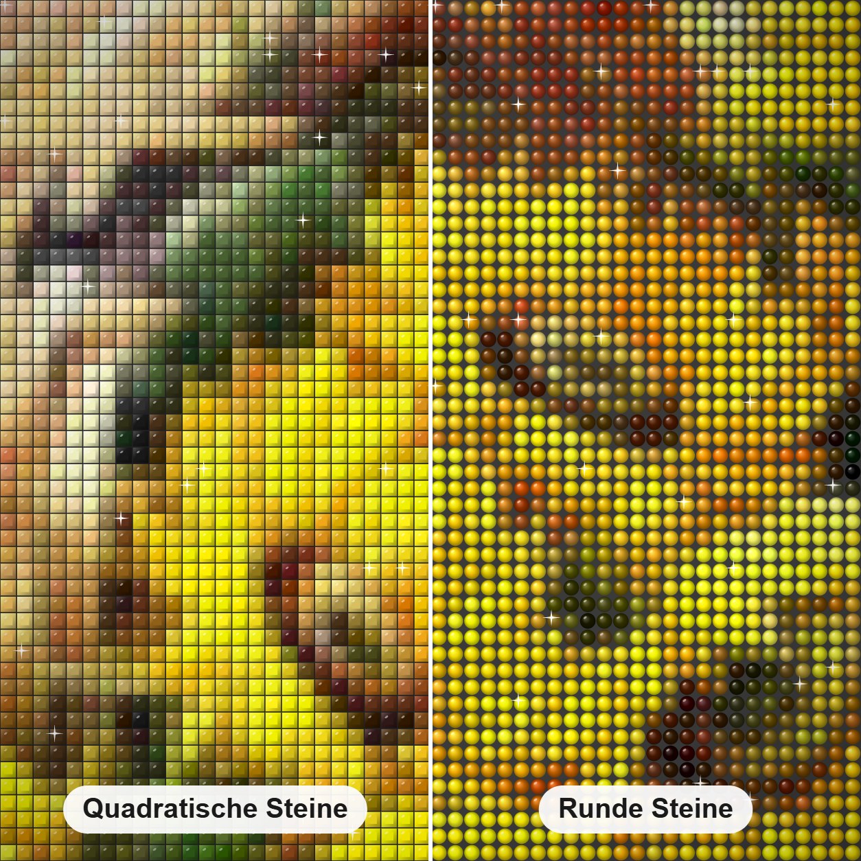Sonnenblumenkorb Diamond Painting Nahaufnahme mit quadratischen und runden Steinen