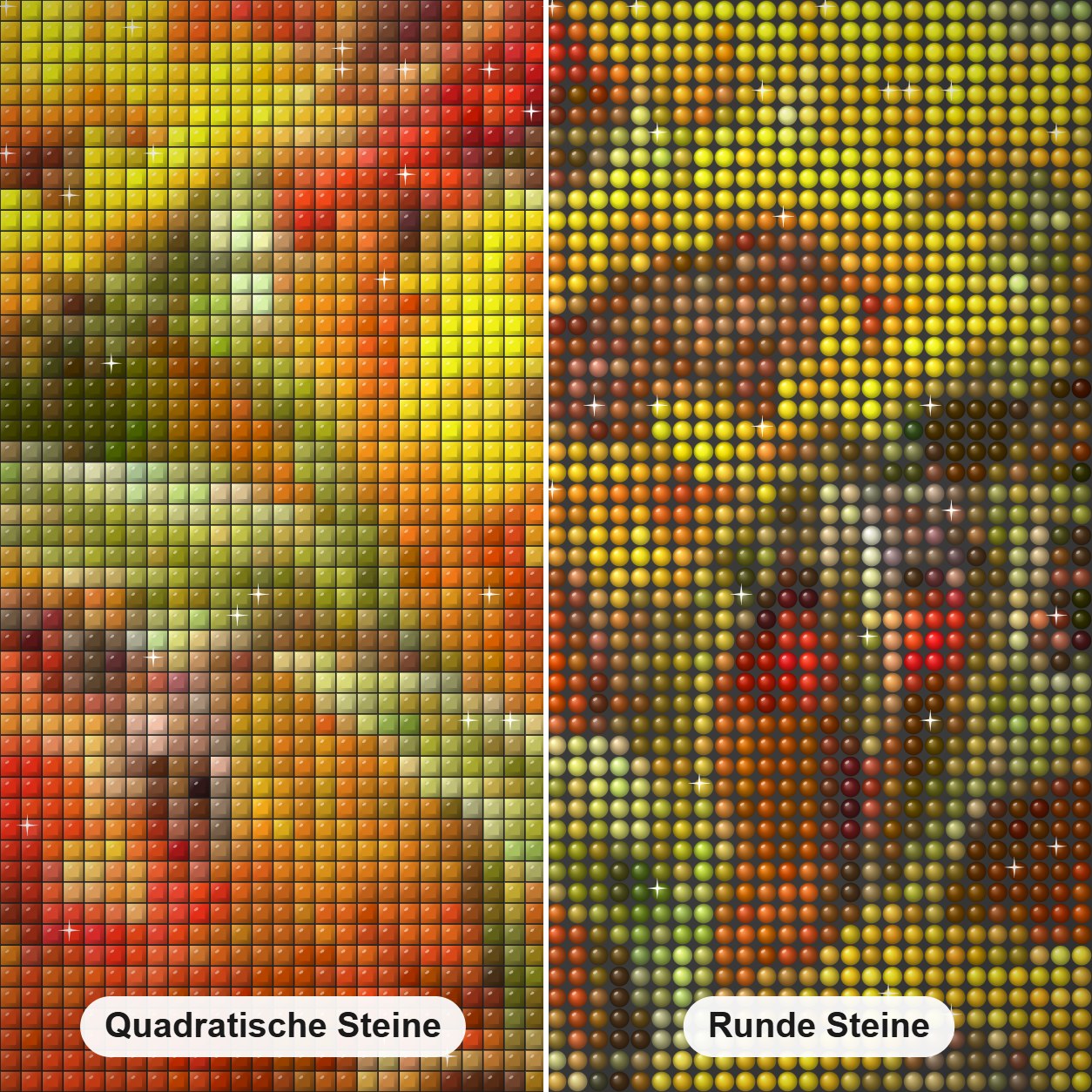 Sonnenblumenstrauß Diamond Painting Nahaufnahme mit quadratischen und runden Steinen