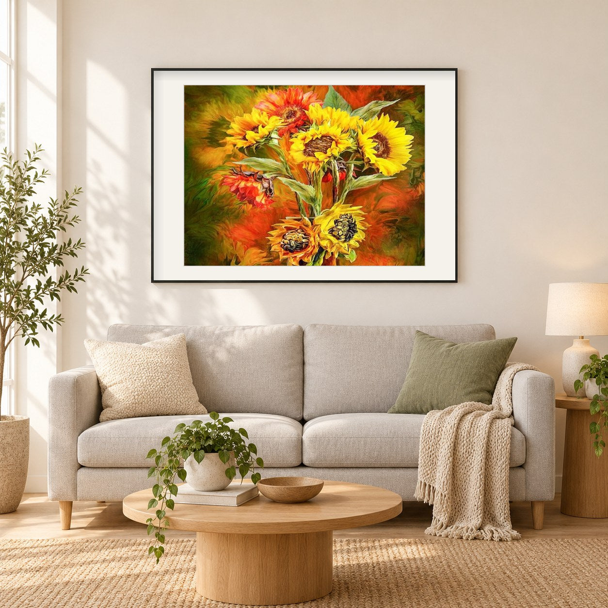 Sonnenblumenstrauß als gerahmtes Diamond Painting im Wohnzimmer