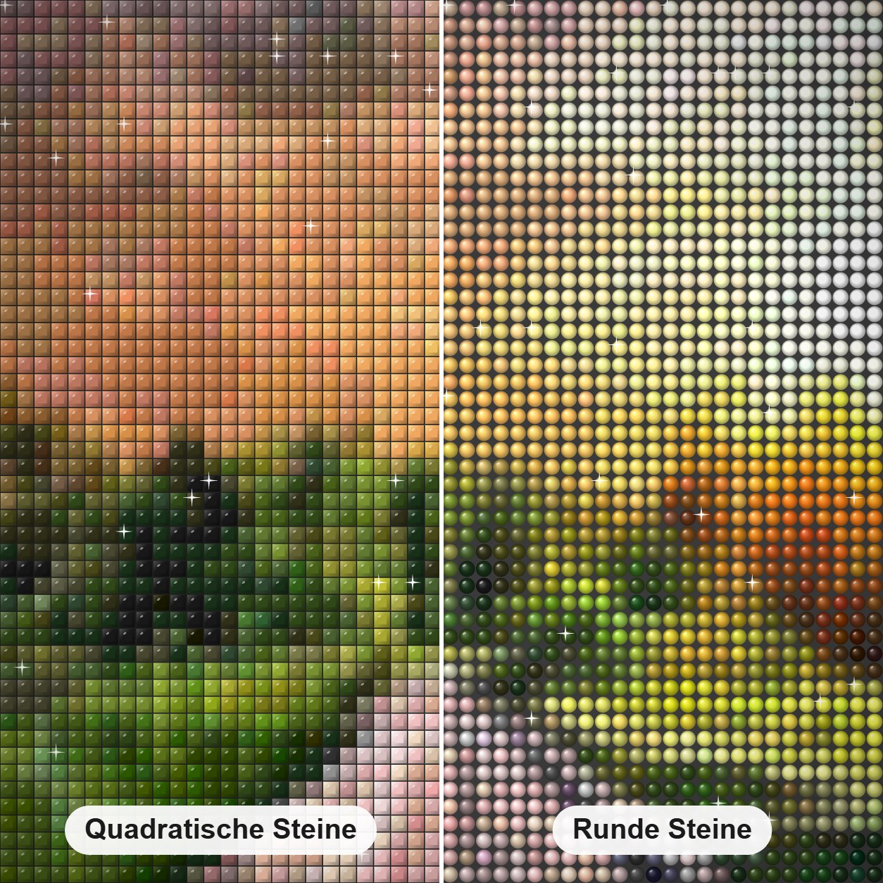 Sonnenschein & auffälliges Lich Diamond Painting Nahaufnahme mit quadratischen und runden Steinen