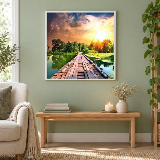 Sonnenschein & auffälliges Lich als gerahmtes Diamond Painting im Wohnzimmer