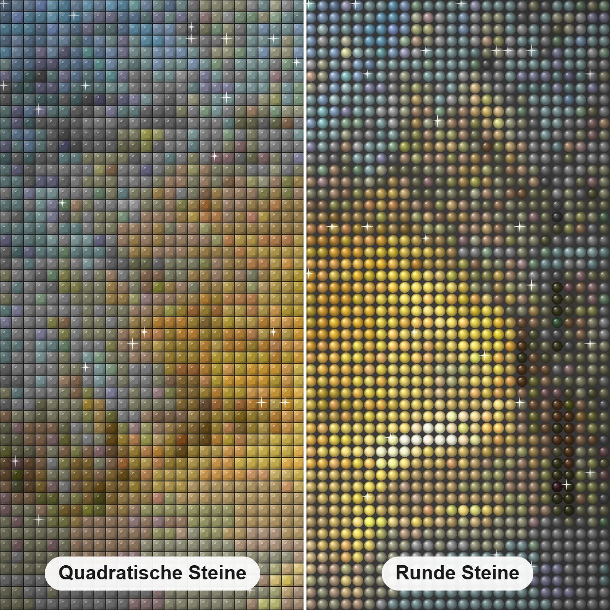 Sonnenschein im verschneiten Wald Diamond Painting Nahaufnahme mit quadratischen und runden Steinen