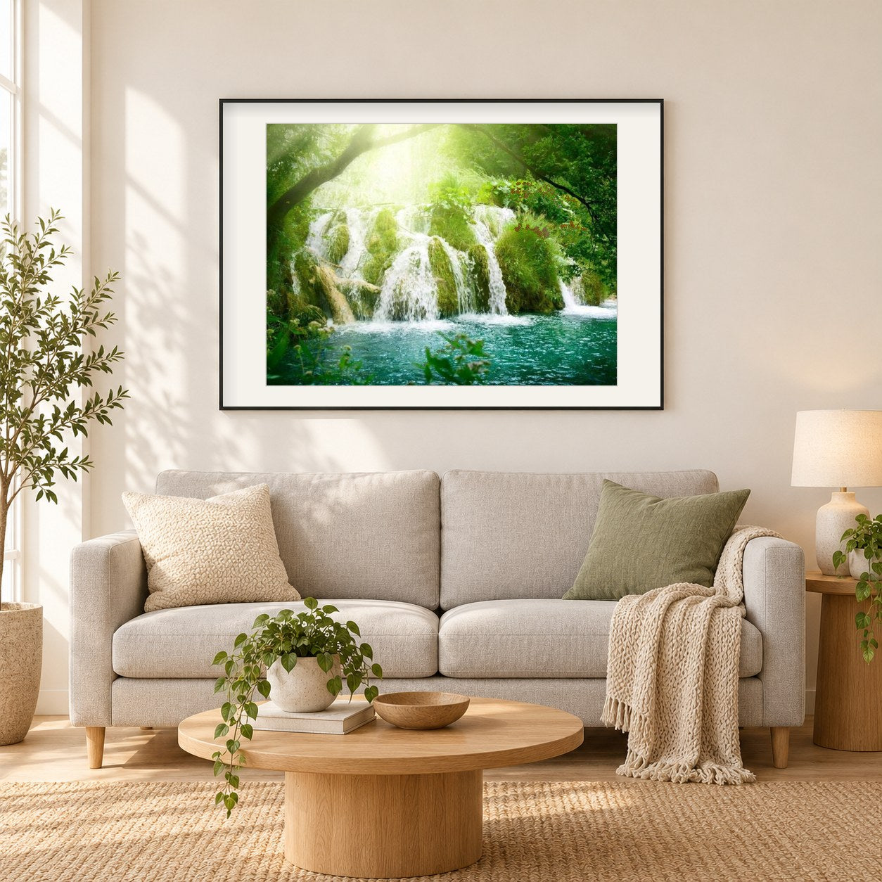 Sonnenschein & Waldwasserfall als gerahmtes Diamond Painting im Wohnzimmer