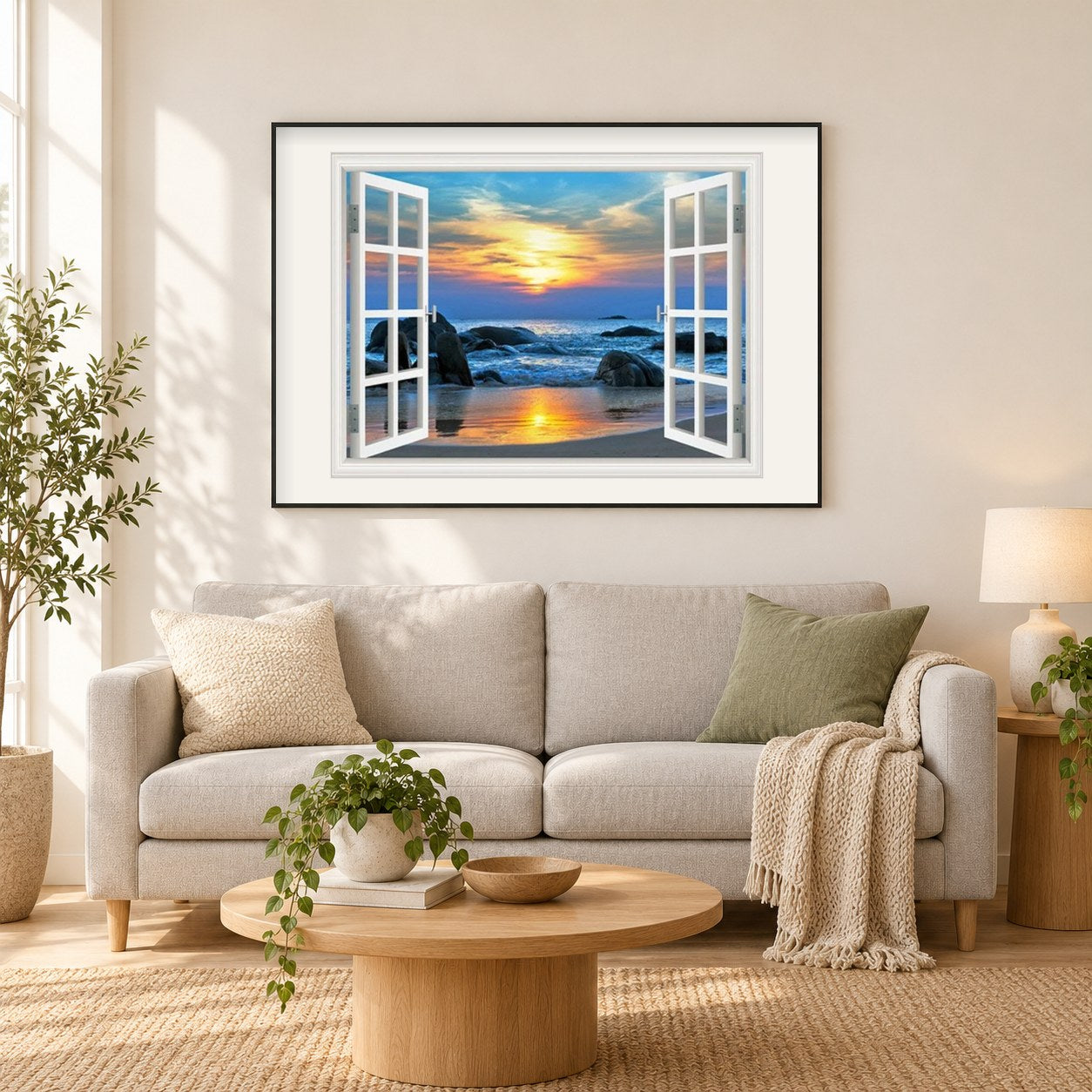 Sonnenuntergang Ansicht vom Fenster als gerahmtes Diamond Painting im Wohnzimmer