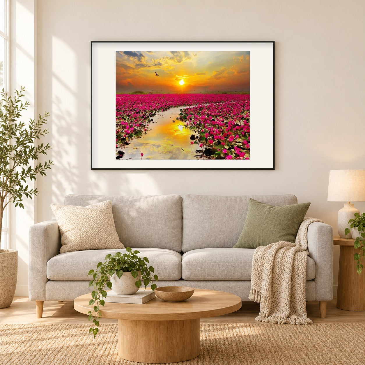 Sonnenuntergang & Blumenfelder als gerahmtes Diamond Painting im Wohnzimmer