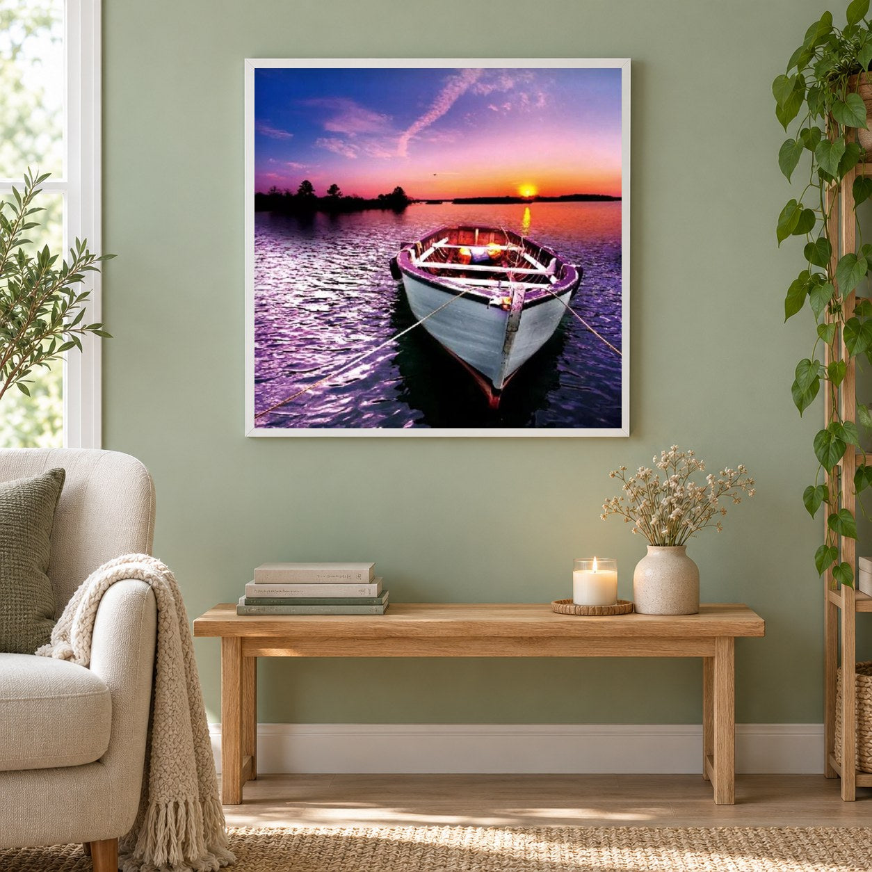 Sonnenuntergang & Boot als gerahmtes Diamond Painting im Wohnzimmer
