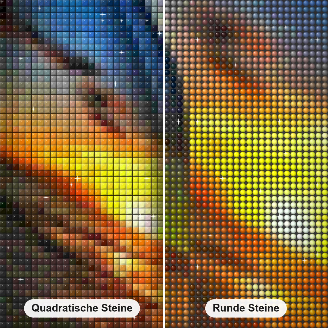 Sonnenuntergang in Glasflasche gefangen Diamond Painting Nahaufnahme mit quadratischen und runden Steinen