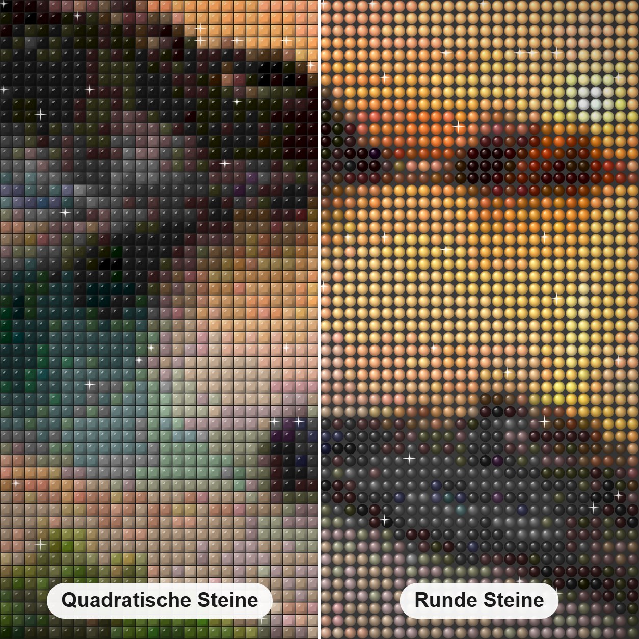 Sonnenuntergang Landschaft am Meer Diamond Painting Nahaufnahme mit quadratischen und runden Steinen