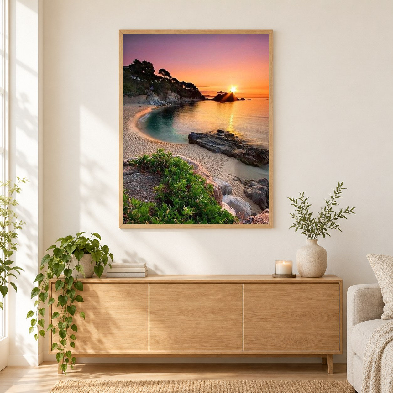 Sonnenuntergang Landschaft am Meer als gerahmtes Diamond Painting im Wohnzimmer