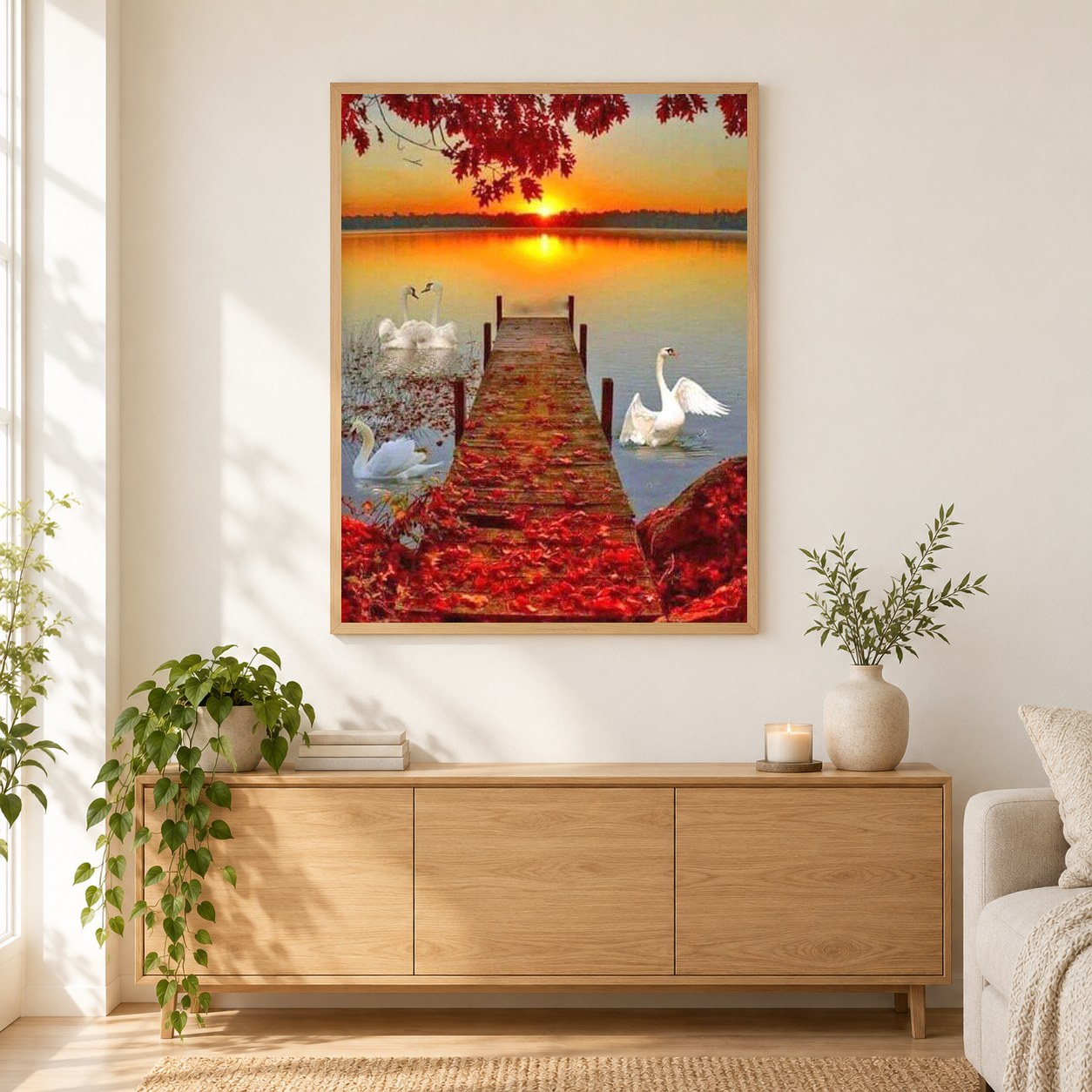 Sonnenuntergang & Schwäne als gerahmtes Diamond Painting im Wohnzimmer