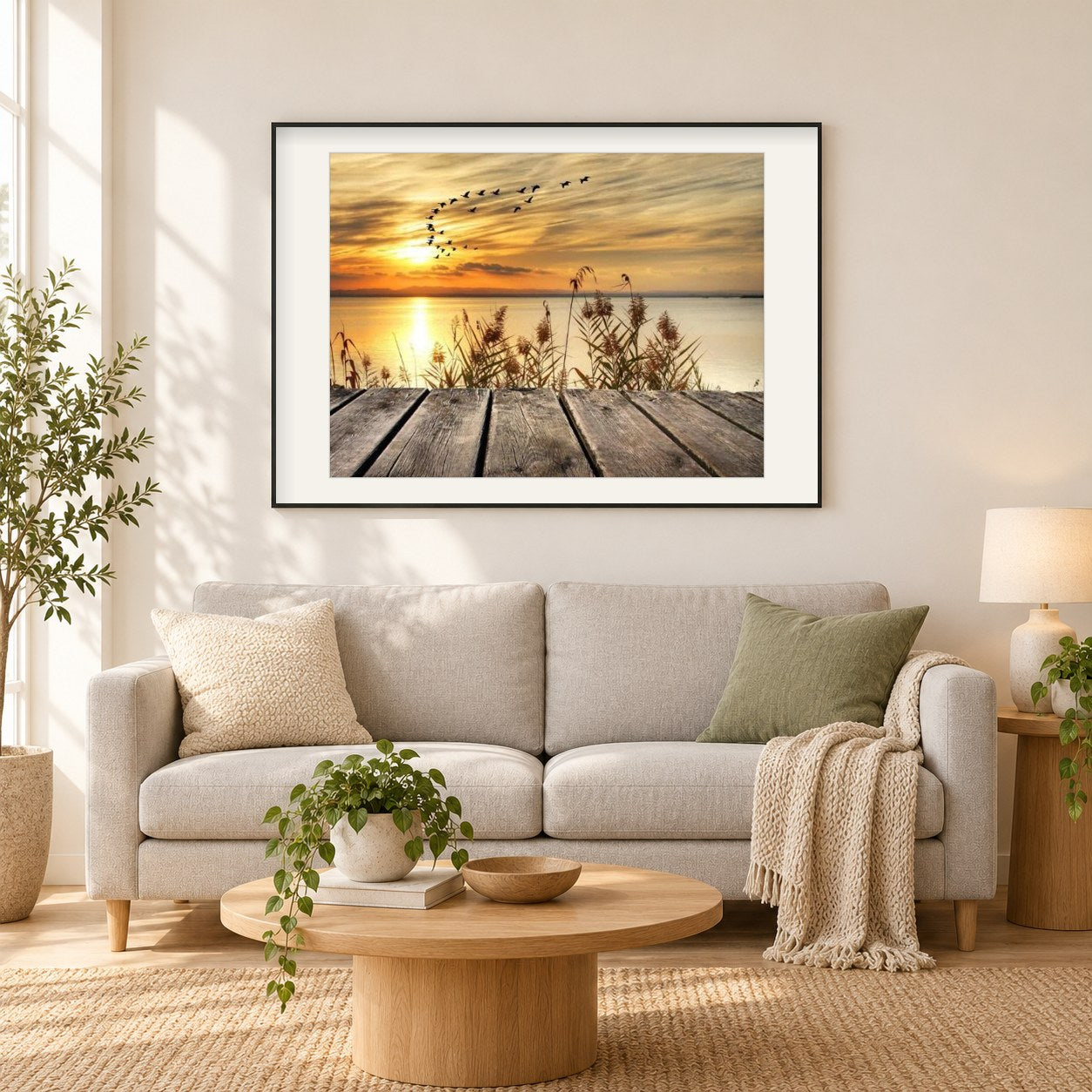 Sonnenuntergang See & Vögel als gerahmtes Diamond Painting im Wohnzimmer