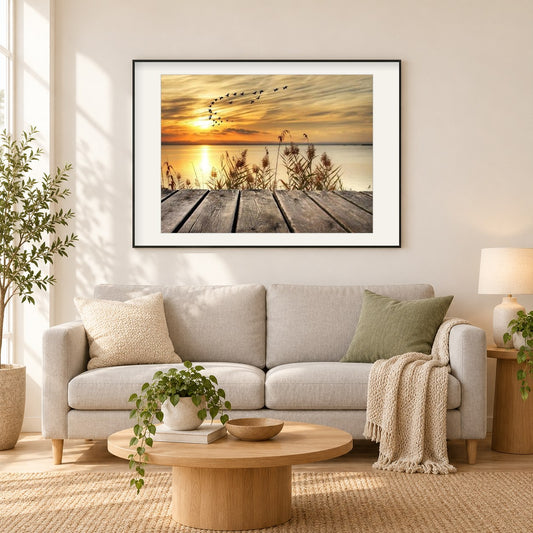 Sonnenuntergang See & Vögel als gerahmtes Diamond Painting im Wohnzimmer