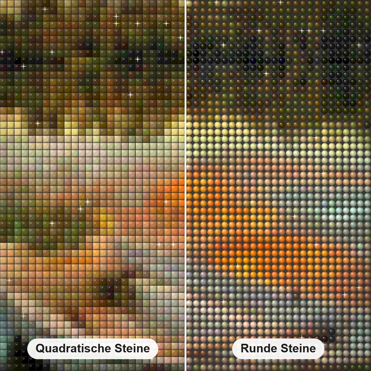 Sonnenuntergang Seeblick Diamond Painting Nahaufnahme mit quadratischen und runden Steinen