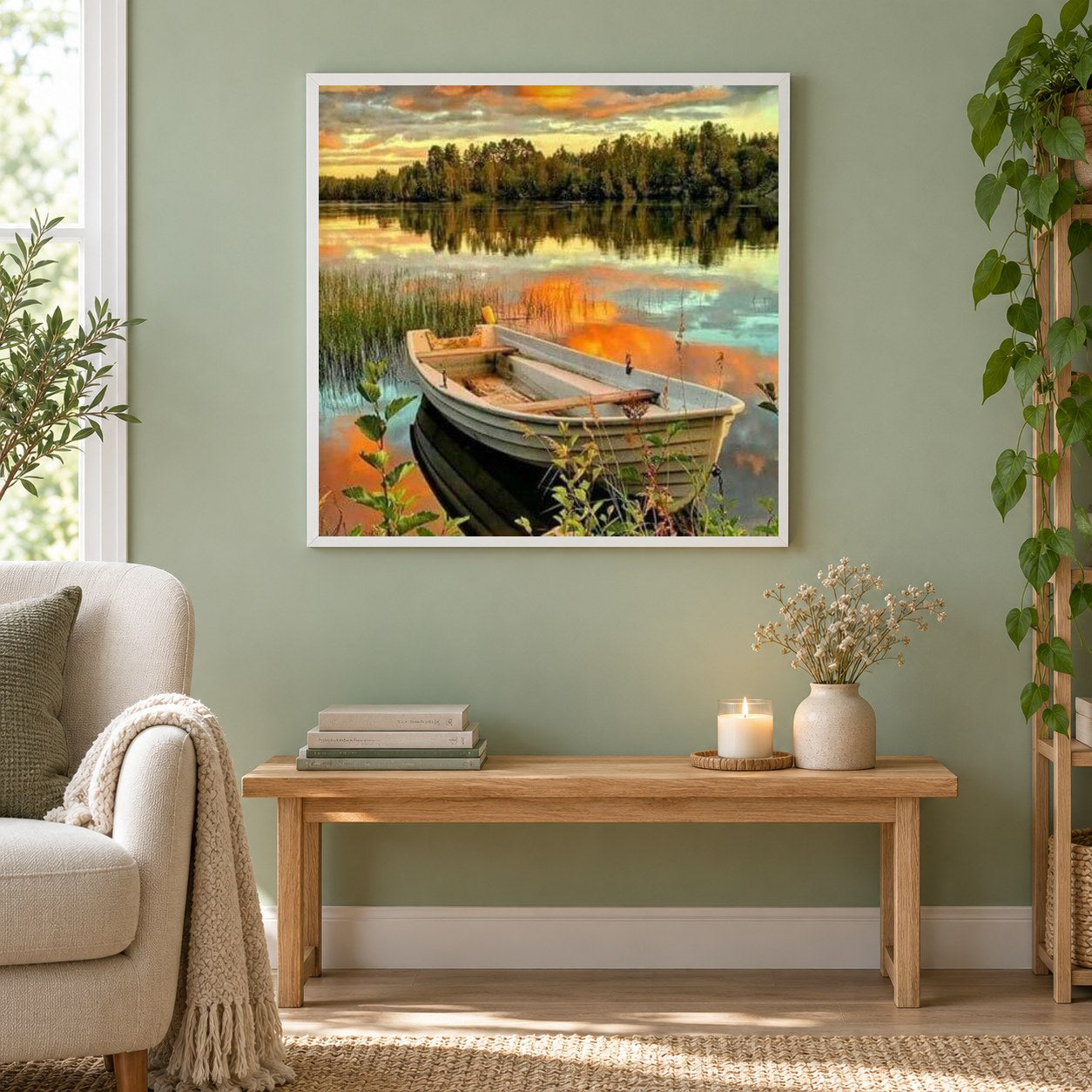 Sonnenuntergang Seeblick als gerahmtes Diamond Painting im Wohnzimmer