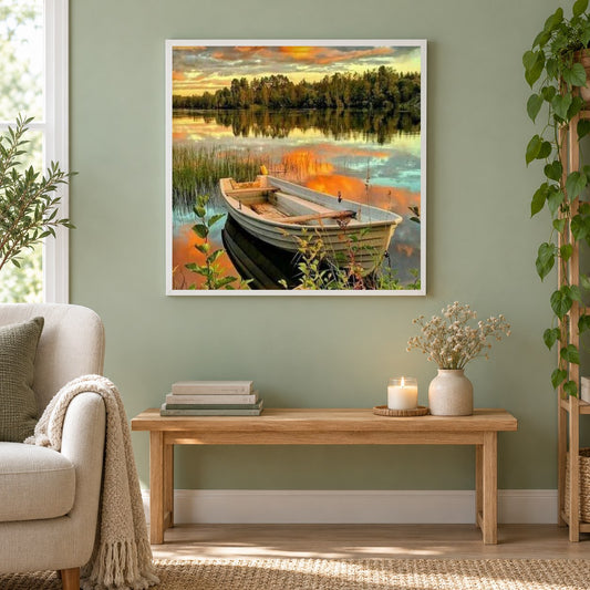 Sonnenuntergang Seeblick als gerahmtes Diamond Painting im Wohnzimmer