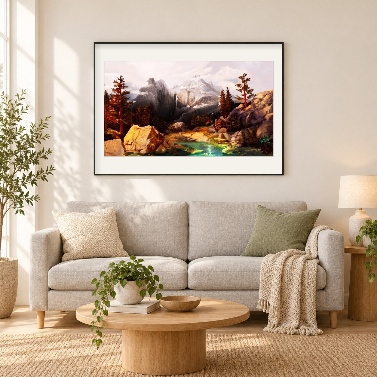 Sonora Pass - Kunst des Jean Guillet als gerahmtes Diamond Painting im Wohnzimmer