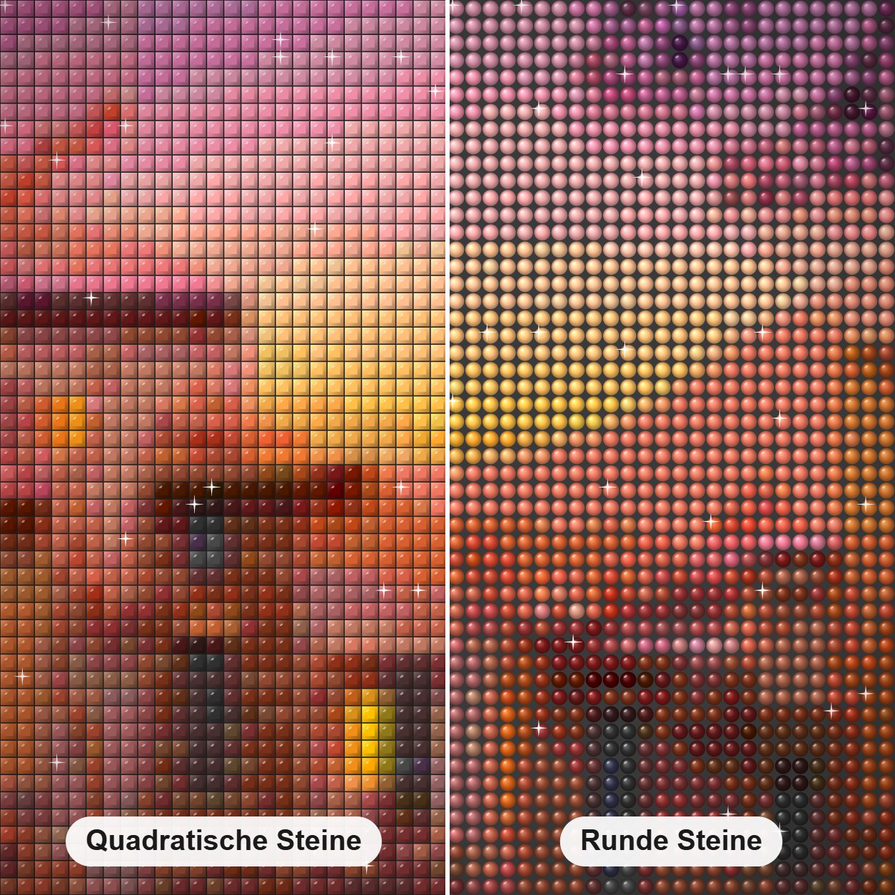 Beruhigender Abendblick Diamond Painting Nahaufnahme mit quadratischen und runden Steinen