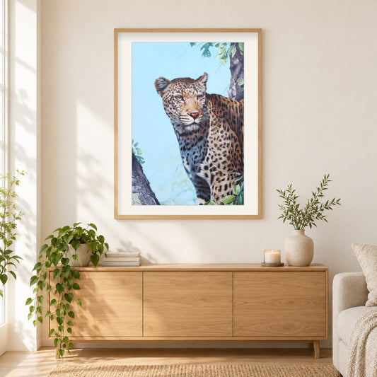 Südafrikanischer Leopard - Kunst des Eric Wilson als gerahmtes Diamond Painting im Wohnzimmer