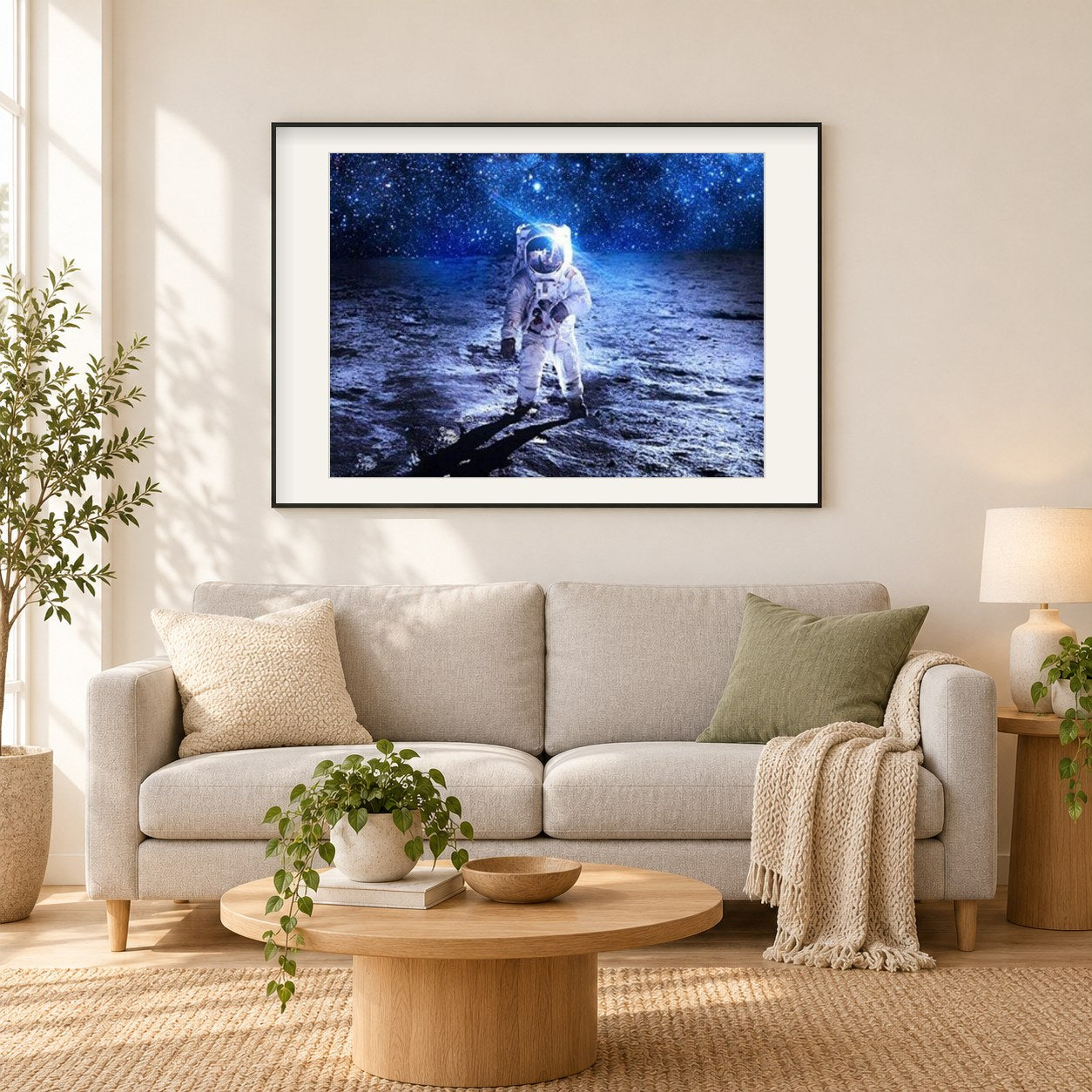 Space Astronaut als gerahmtes Diamond Painting im Wohnzimmer
