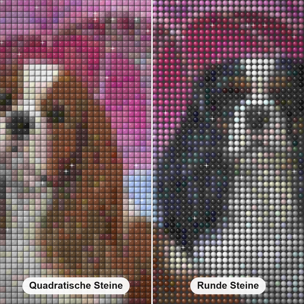 Spaniels Unter Regenschirm Diamond Painting Nahaufnahme mit quadratischen und runden Steinen