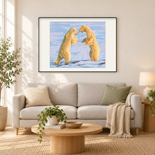 sparring-eisbären - Kunst des Eric Wilson als gerahmtes Diamond Painting im Wohnzimmer