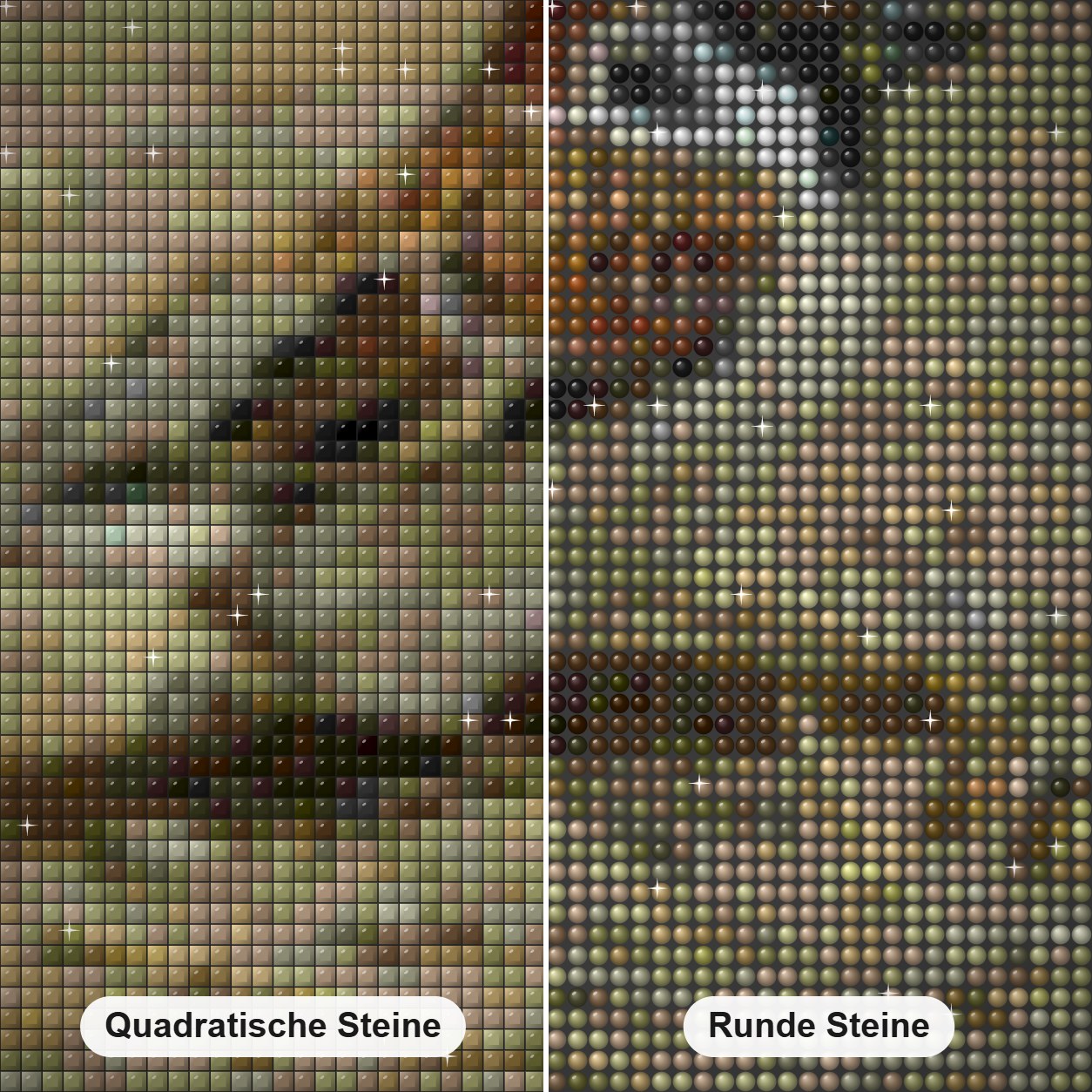 Spatz Diamond Painting Nahaufnahme mit quadratischen und runden Steinen