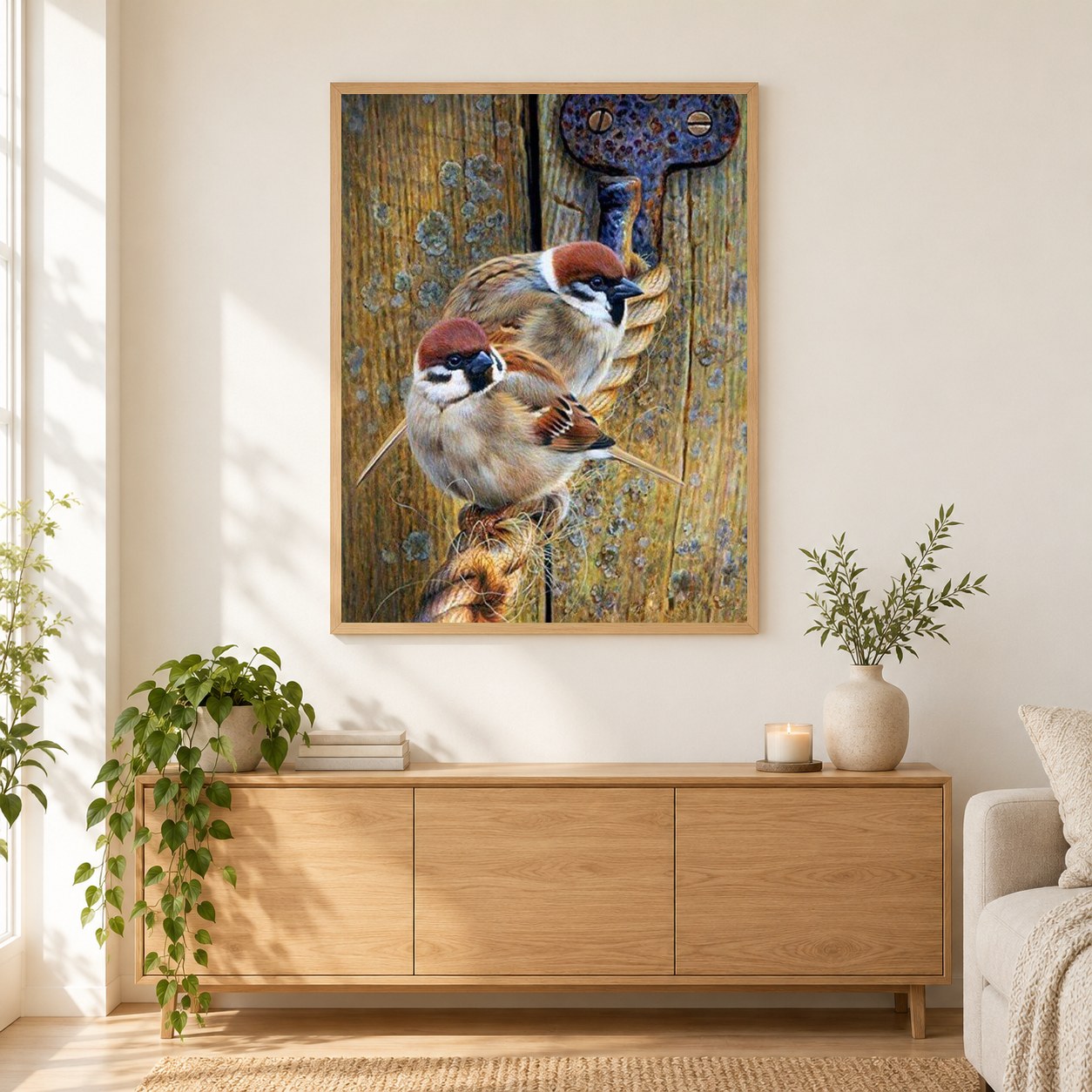Spatz sitz am Seil als gerahmtes Diamond Painting im Wohnzimmer