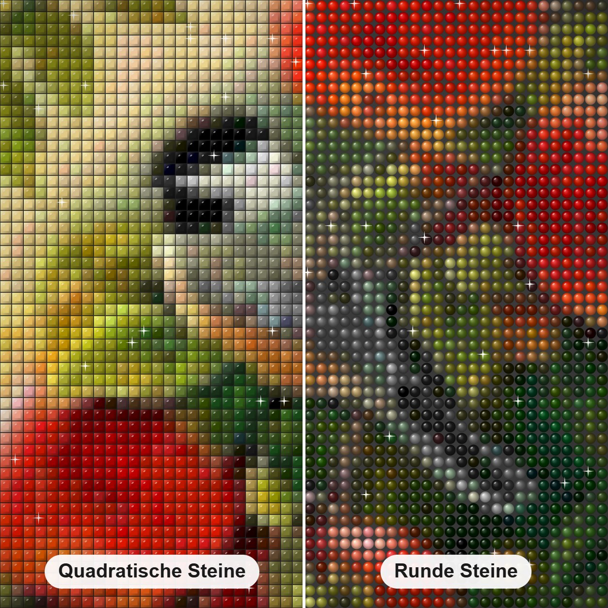 Spatz sitzt auf Apfelbaum Diamond Painting Nahaufnahme mit quadratischen und runden Steinen