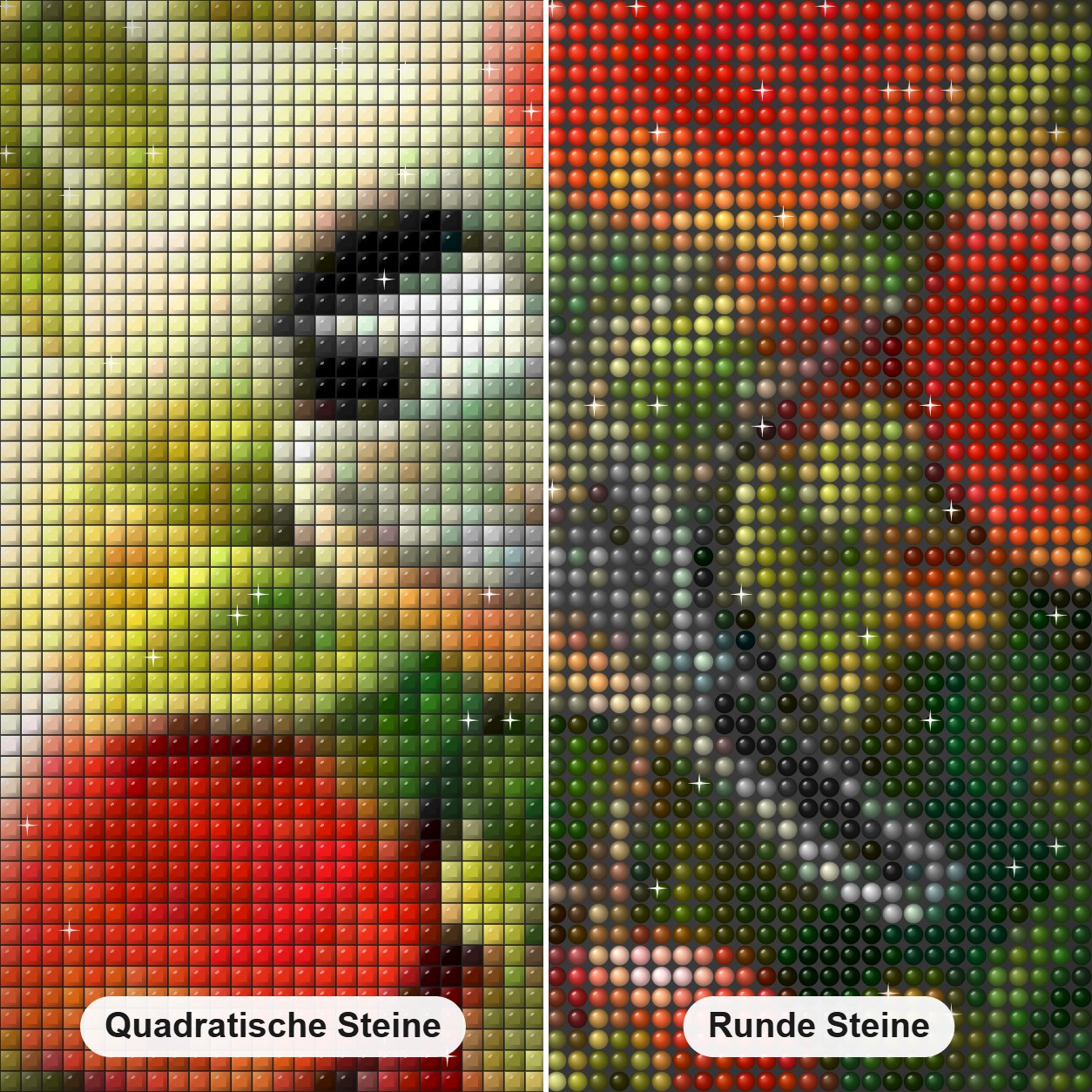 Spatz sitzt auf Apfelbaum Diamond Painting Nahaufnahme mit quadratischen und runden Steinen