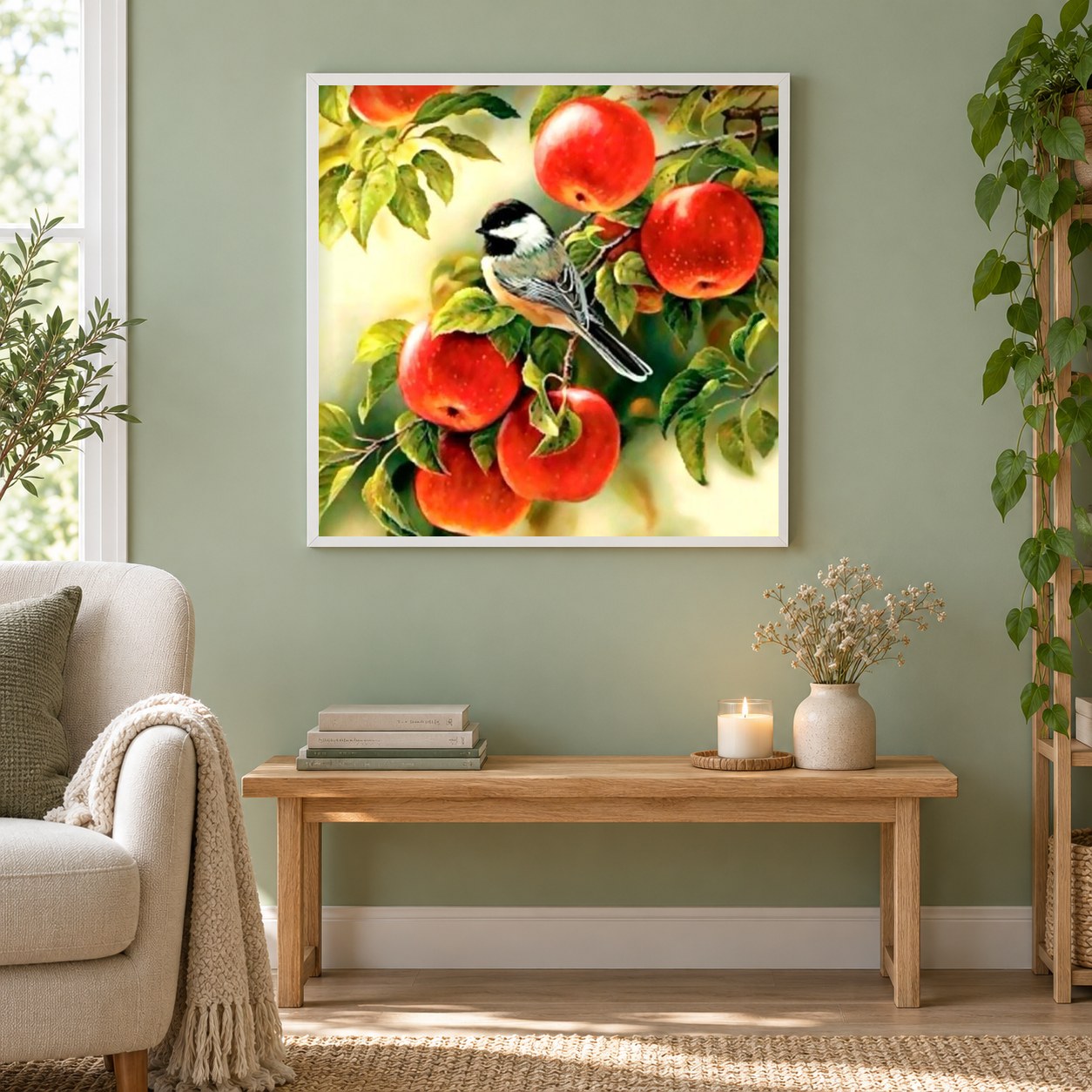 Spatz sitzt auf Apfelbaum als gerahmtes Diamond Painting im Wohnzimmer