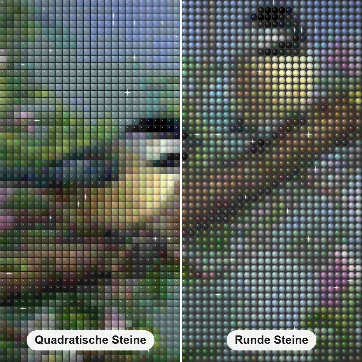 Spatzen am Baum Diamond Painting Nahaufnahme mit quadratischen und runden Steinen