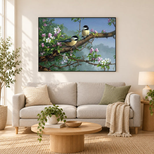 Spatzen am Baum als gerahmtes Diamond Painting im Wohnzimmer