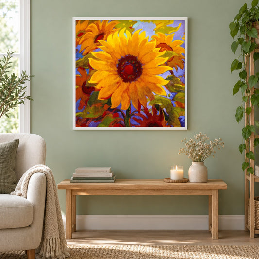 Zauber gebunden - Kunst des Simon Bull als gerahmtes Diamond Painting im Wohnzimmer