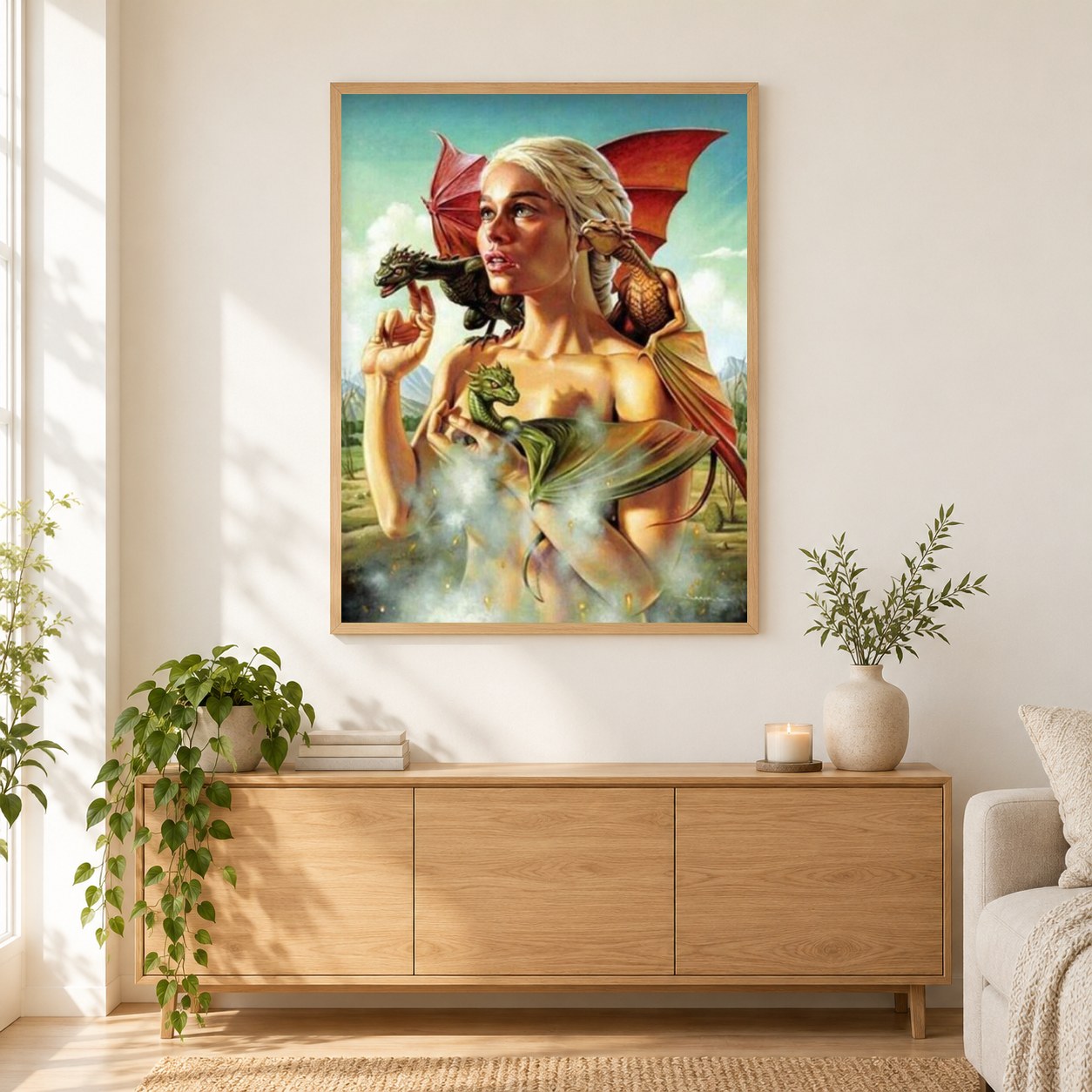 Spiel des Throns Khaleesi Drachen als gerahmtes Diamond Painting im Wohnzimmer