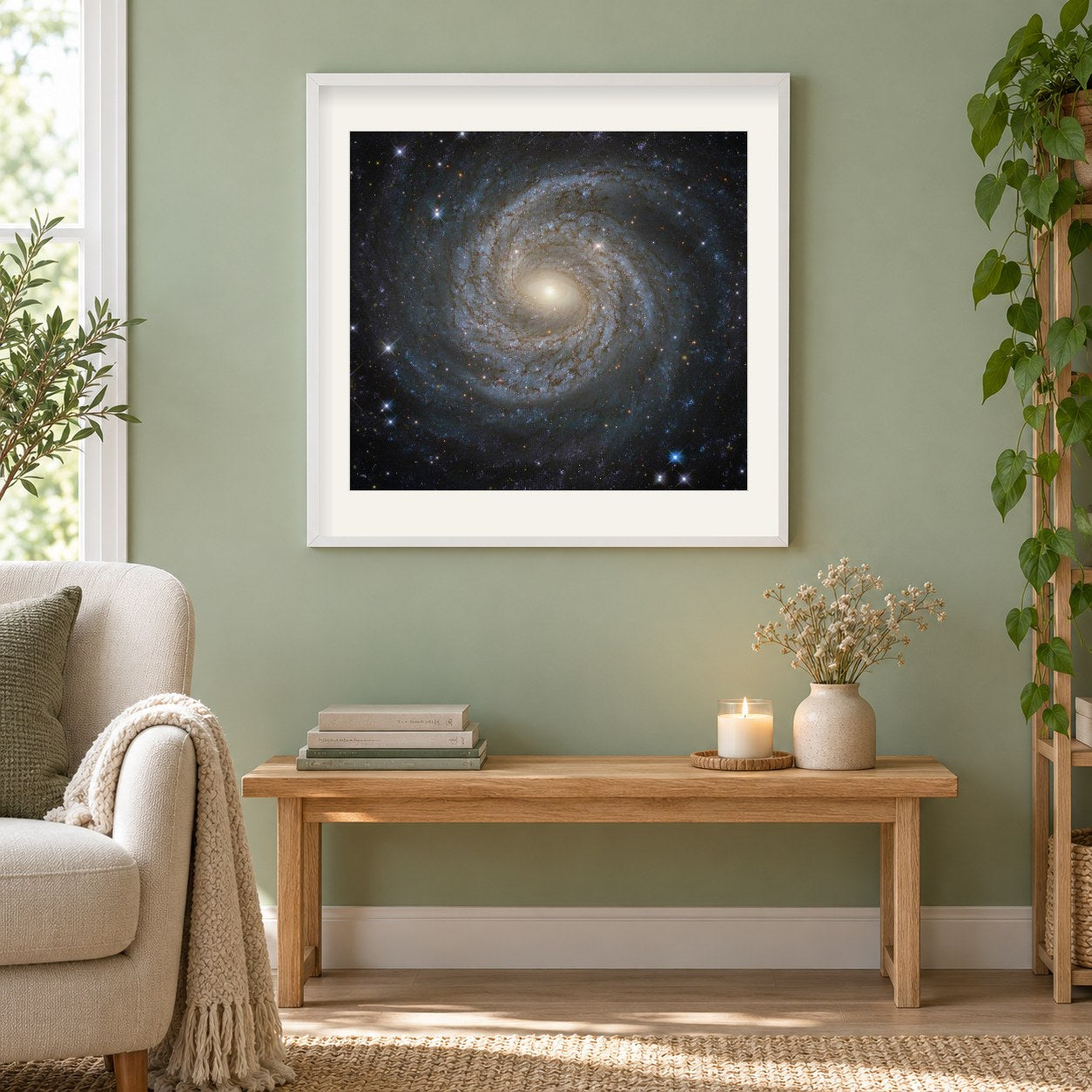 Spiral Schneeflocke als gerahmtes Diamond Painting im Wohnzimmer