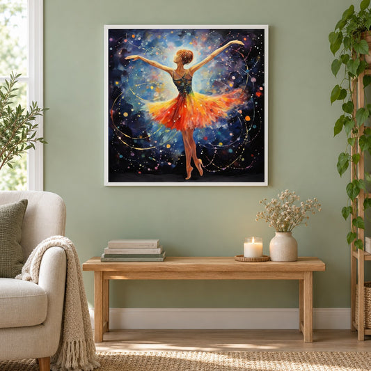 Splatter the Happiness als gerahmtes Diamond Painting im Wohnzimmer