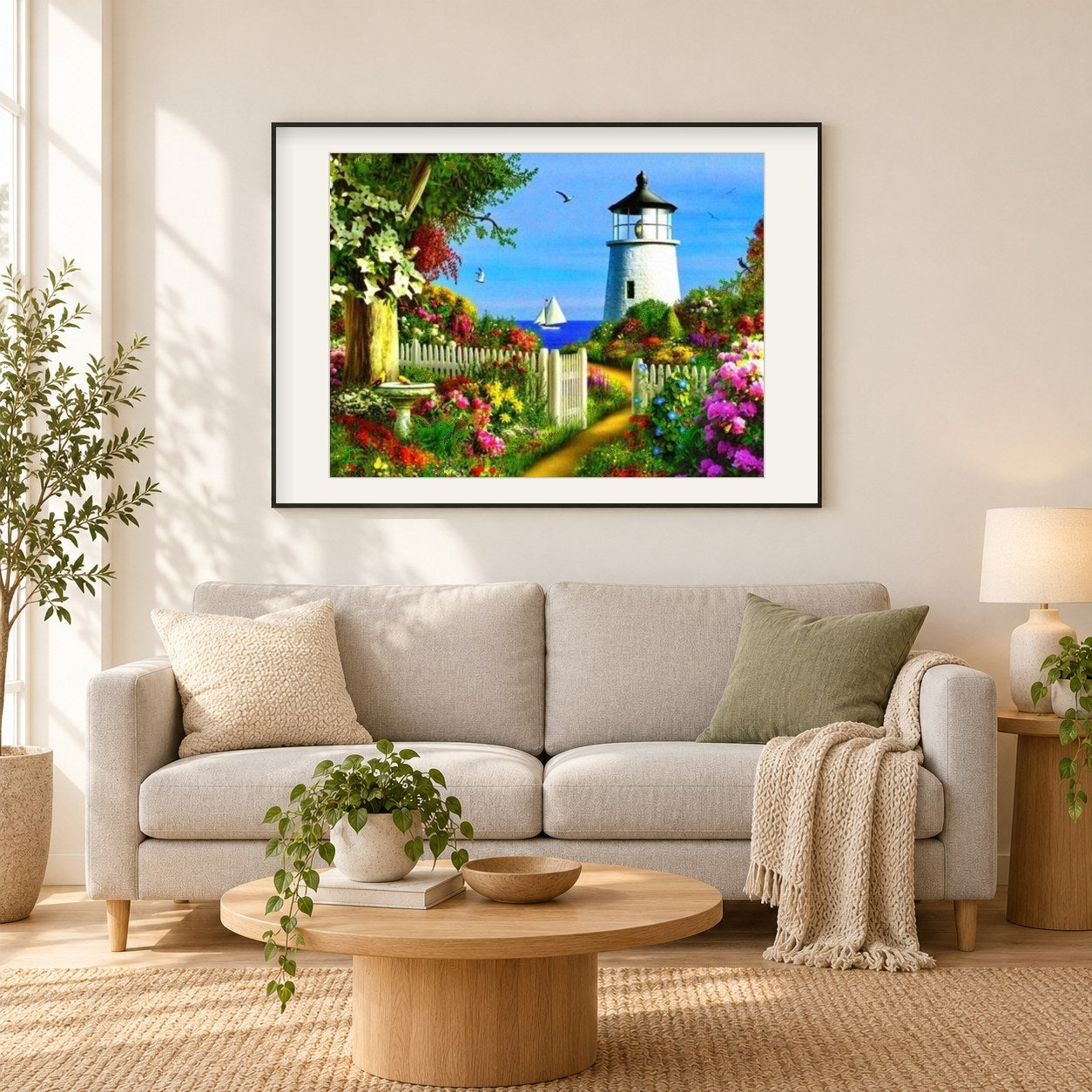 Spring Point Ledge Leuchtturm als gerahmtes Diamond Painting im Wohnzimmer